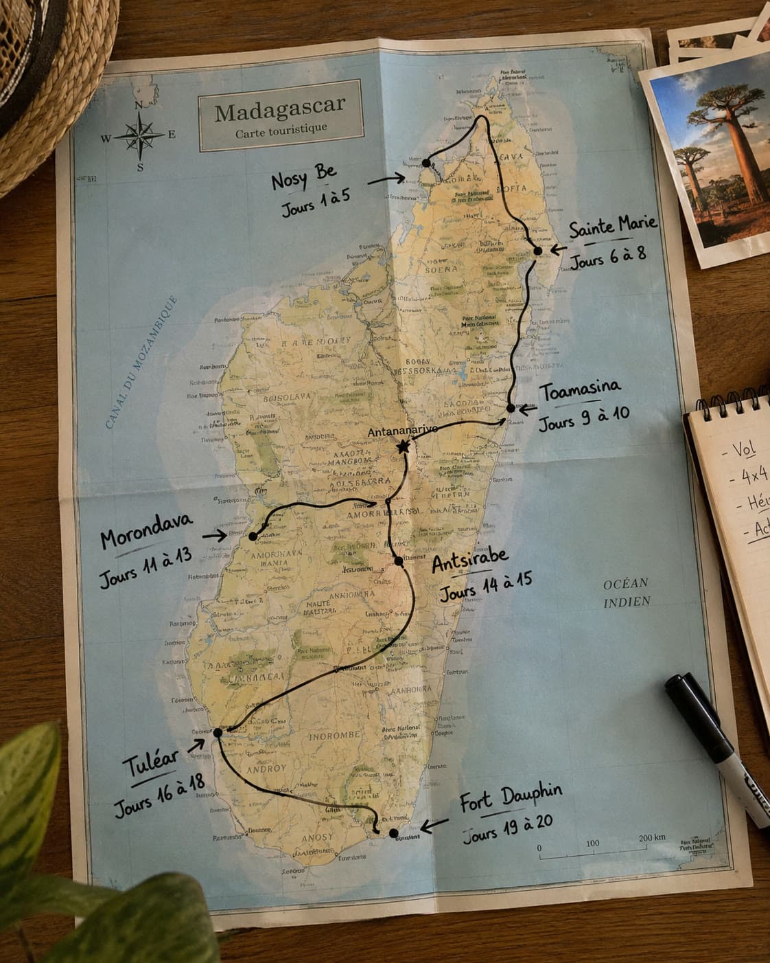 Carte de Madagascar · itinéraire tracé à la main